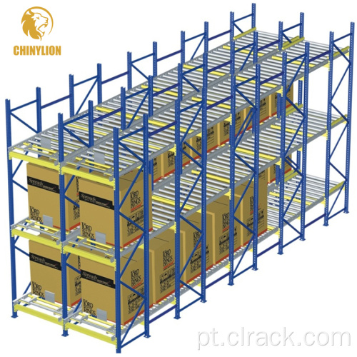 Sistema de rack de fluxo de paletes para armazém